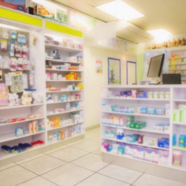 Close up of shelves of drugs in the pharmacy